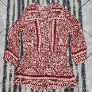 Umgee USA 1XL Red Paisley Boho Romper Long Sleeve Drawstring Shorts